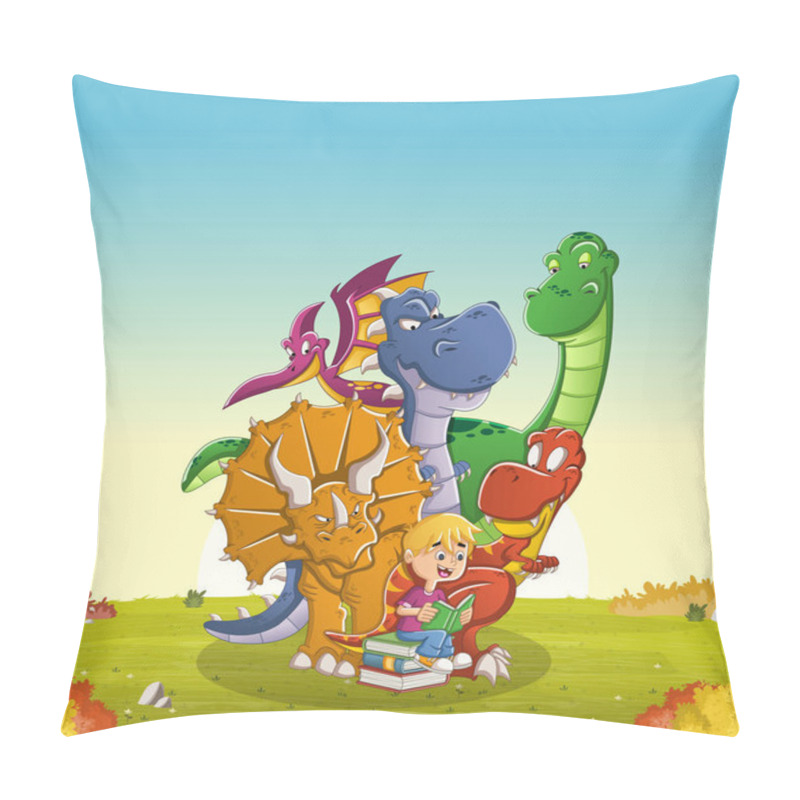 Personality  Cartoon Boy Reading A Book To Big Dinosaurs On Green Park.  Pillow Covers