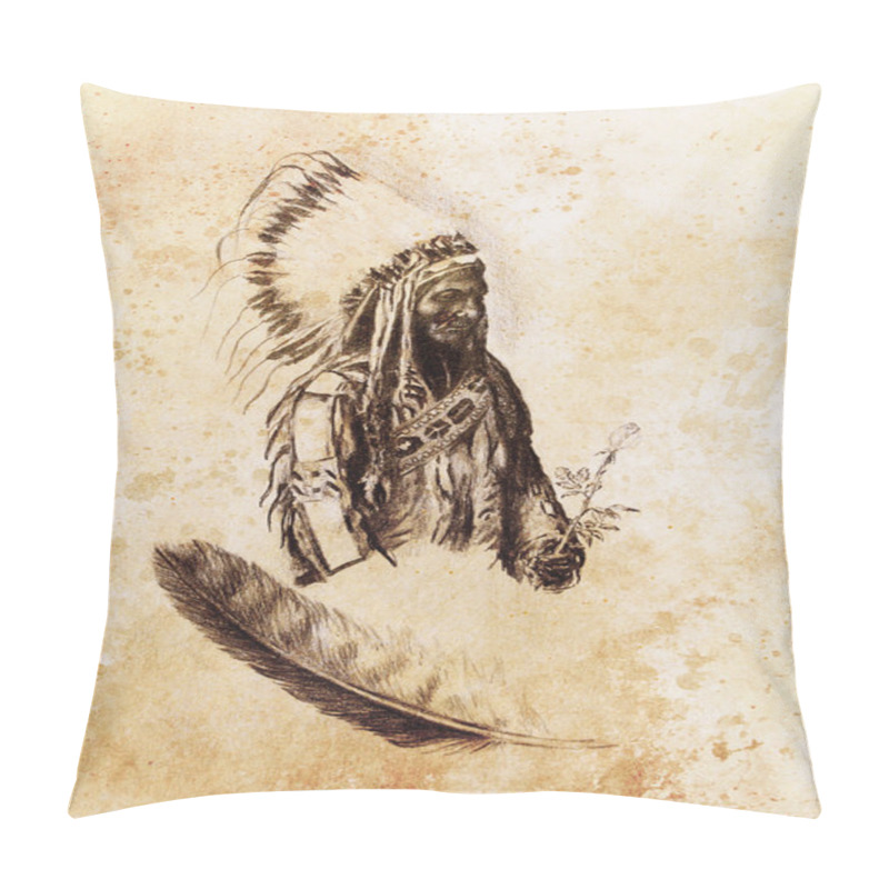 Personality  Drawing Of Native American Indian Foreman Sitting Bull - Totanka Yotanka According Historic Photography, With Beautiful Feather Headdress, Holding Rose Flower. Pillow Covers