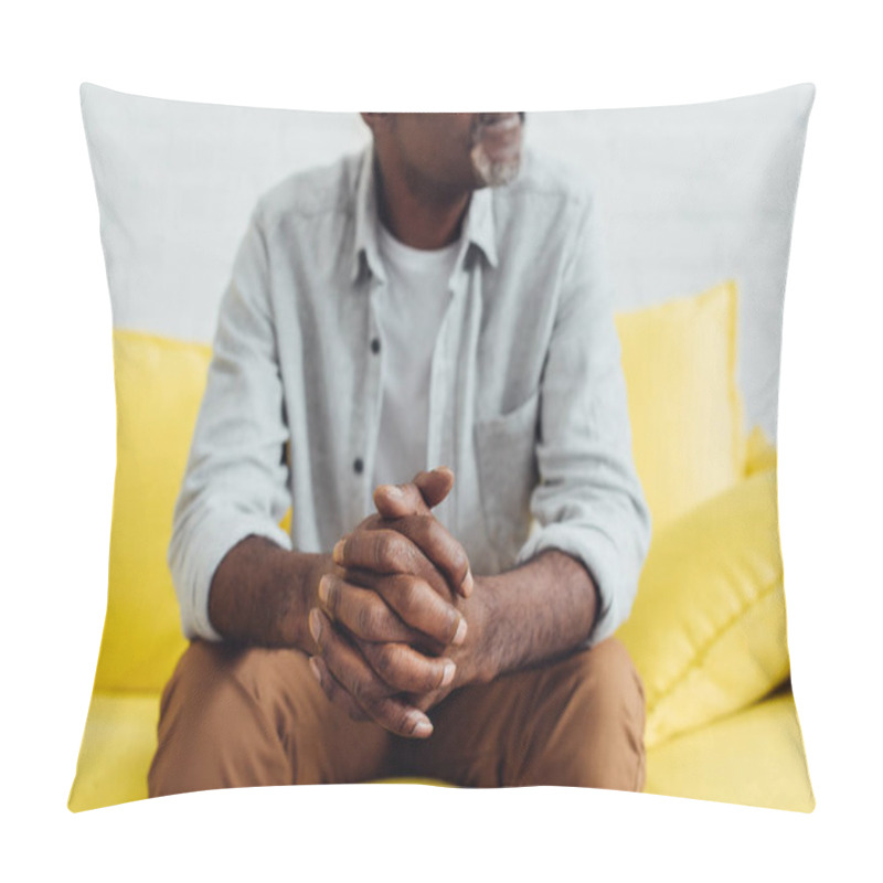 Personality  Close Up Of African American Mature Man Sitting On Yellow Sofa  Pillow Covers