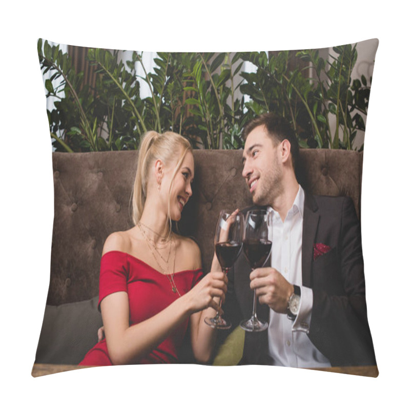 Personality  Attractive Woman Laughing While Toasting With Glass Of Red Wine With Boyfriend In Restaurant  Pillow Covers