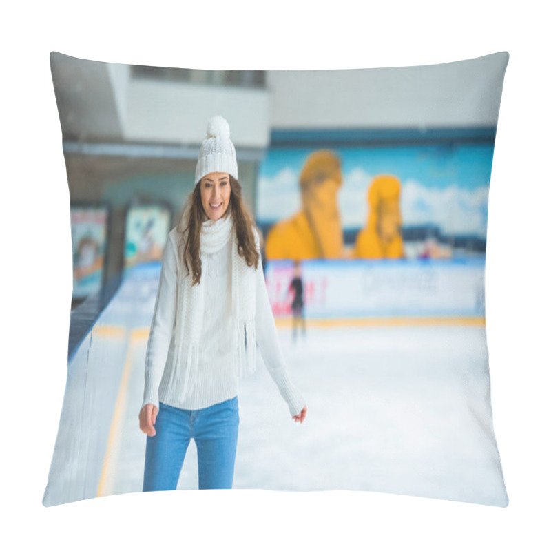 Personality  Portrait Of Smiling Attractive Woman In Knitted Sweater Skating On Ice Rink Alone Pillow Covers