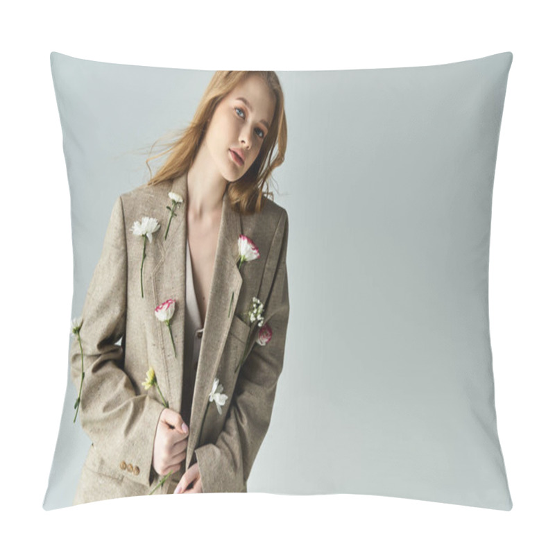 Personality  A Girl Stands Elegantly, Embracing Petals In Her Stylish Ensemble. Pillow Covers