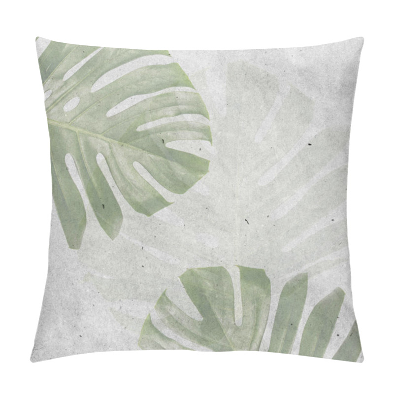 Personality  Natural Green Fresh Monstera Leaves Border Frame On White Abstract Background Isolated. Room For Text. Three Tropical Jungle Monstera Leaves. Textured Stylish Old Paper Background, Square, Pillow Covers