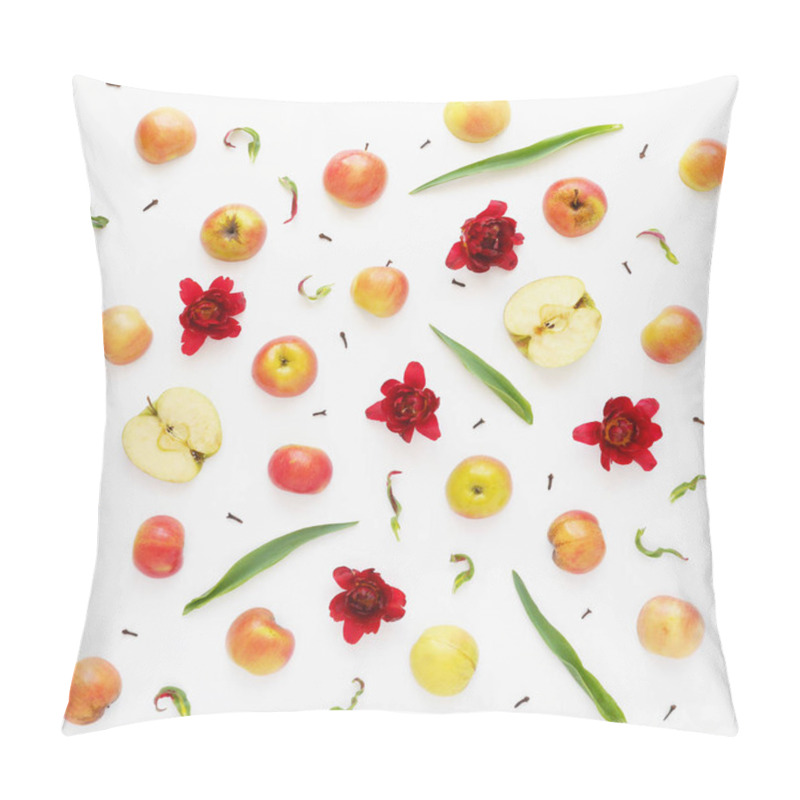 Personality  Food Composition With Apples, Flowers, Leaves And Clove Spices Isolated On White Background Pillow Covers