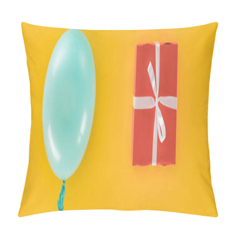 Personality  Panoramic Shot Of Blue Balloon And Red Gift Box On Yellow Background Pillow Covers