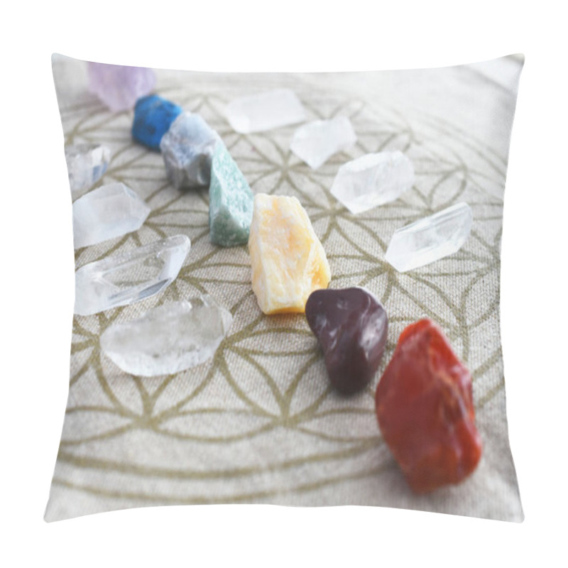 Personality  A Close Up Image Of Chakra Balancing Crystals On A Sacred Geometry Grid Cloth.  Pillow Covers