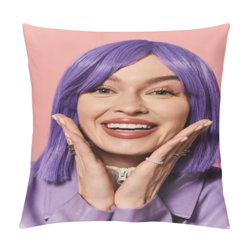 Personality  A Stunning Woman With Purple Hair Smiles, Radiating Joy And Style. Pillow Covers