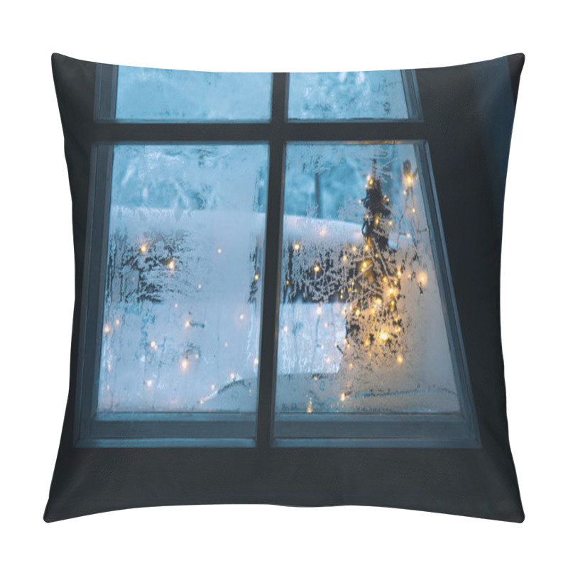 Personality  Looking Out The Frosty Winter Window. Christmas Lights And Snow On Background. Cozy Holiday Concept. Pillow Covers