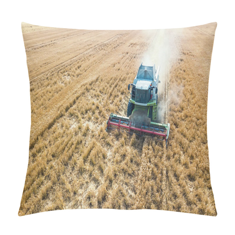 Personality  Combine Harvester Working On A Wheat Field. Combine Harvester Aerial View.  Pillow Covers