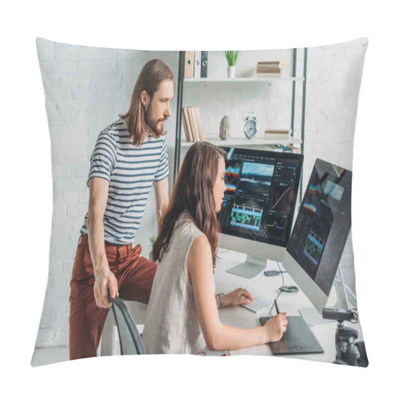 Personality  Bearded Art Editor Near Attractive Coworker Working In Studio  Pillow Covers