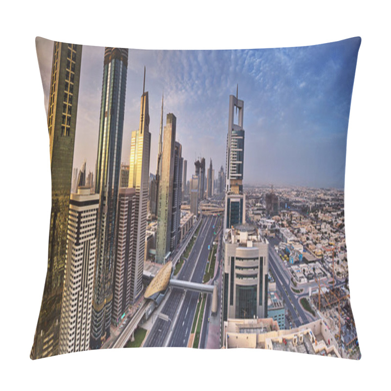 Personality  Dubai Skyline During Sunrise, Sheikh Zayed Road Traffic,United Arab Emirates. Pillow Covers