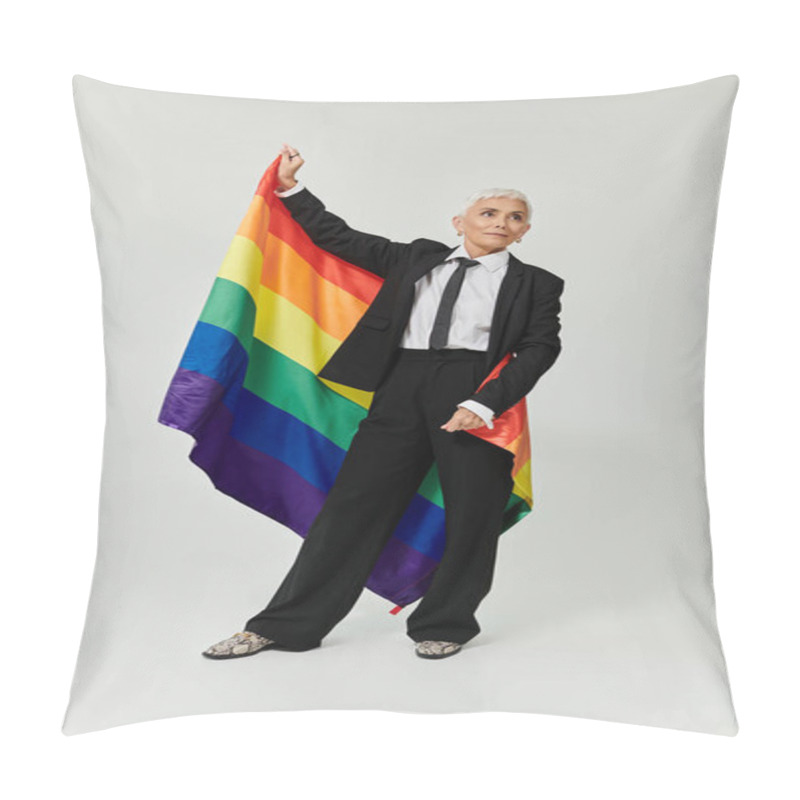 Personality  Confident Woman With Short Hair Proudly Holding A Rainbow Flag. Pillow Covers