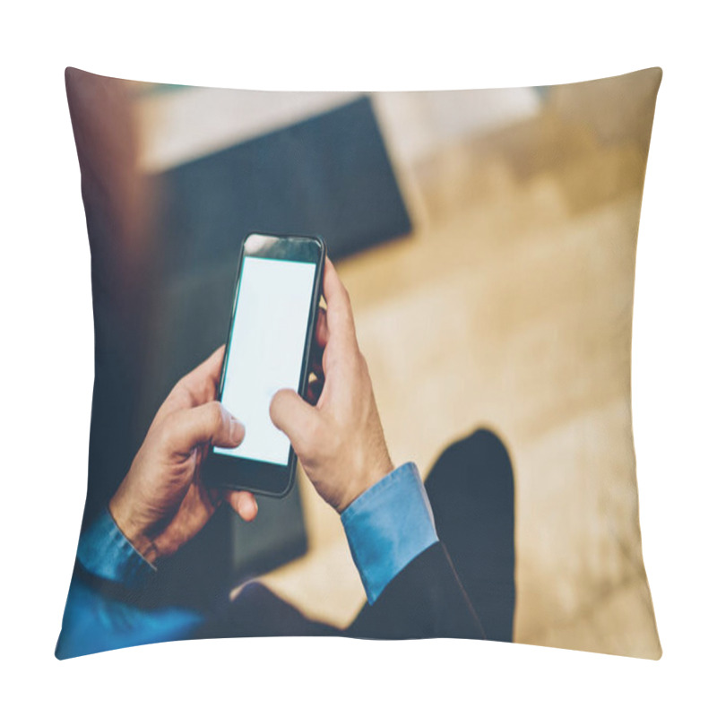 Personality  Cropped Image Of Male Businessman Using Mockup Cellphone Gadget With Copy Space Area For Internet Advertising For Online Booking And Banking, Selective Focus On Smartphone Device With Blank Screen Pillow Covers