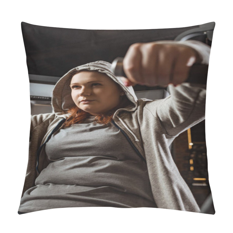 Personality  Selective Focus Of Concentrated Overweight Girl Doing Arms Extension Exercise On Fitness Machine  Pillow Covers