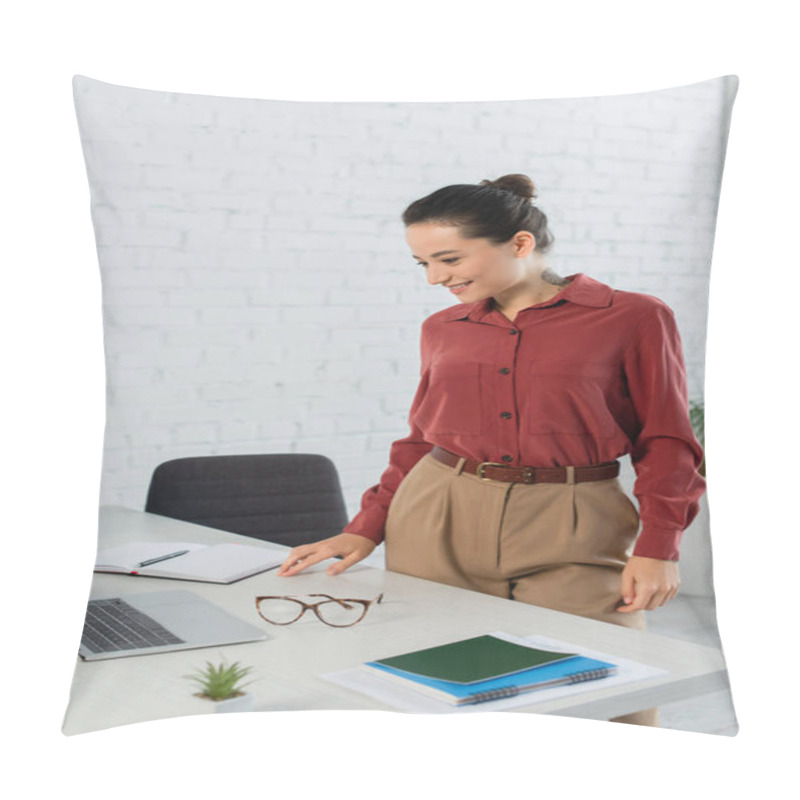 Personality  Smiling Young Teacher Looking At Laptop On Desk  Pillow Covers