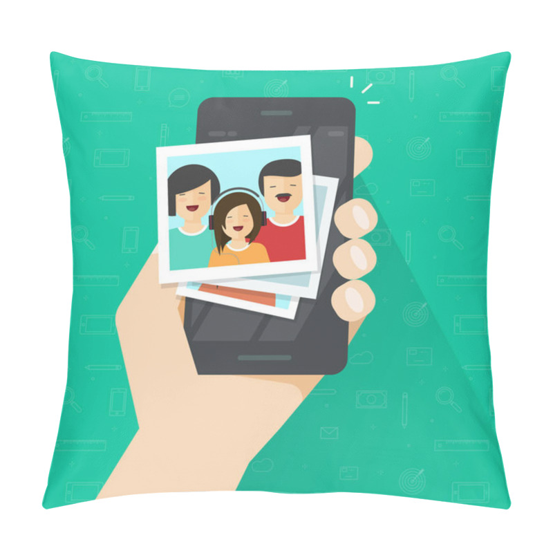 Personality  Photo Gallery On Mobile Phone Flat Cartoon, Photo Album On Smartphone Vector Illustration, Photography Of Family On Cellphone Pillow Covers