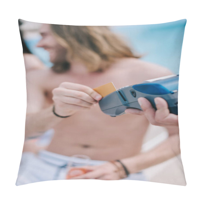 Personality  Selective Focus Of Young Man Paying With Credit Card And Payment Terminal At Beach Pillow Covers