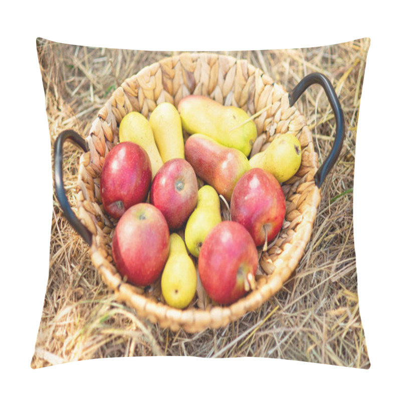 Personality  Ripe Red Apples And Pears In Basket On Grass On Grass. Pillow Covers