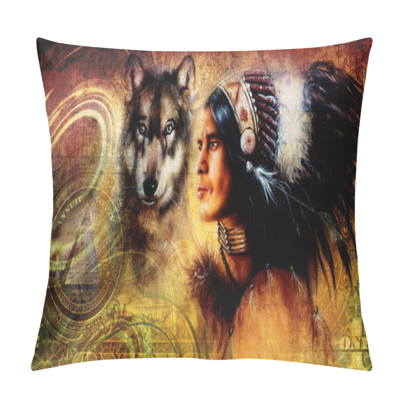 Personality  One Dollar Collage With Indian Man Warrior With Wolf, Ornament Background Pillow Covers