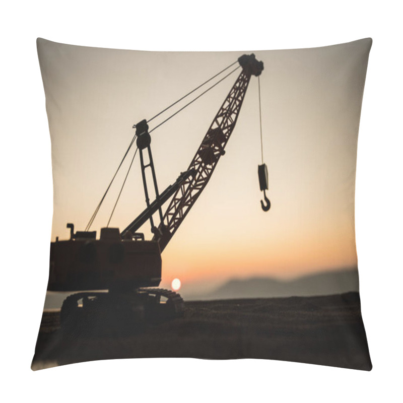 Personality  Abstract Industrial Background With Construction Crane Silhouette Over Amazing Sunset Sky. Mobile Crane Against The Evening Sky. Industrial Skyline. Selective Focus Pillow Covers