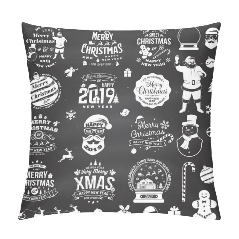 Personality  Set Of Merry Christmas And Happy New Year Stamp, Sticker Set With Snowflakes, Hanging Christmas Ball, Santa Hat, Candy. Pillow Covers