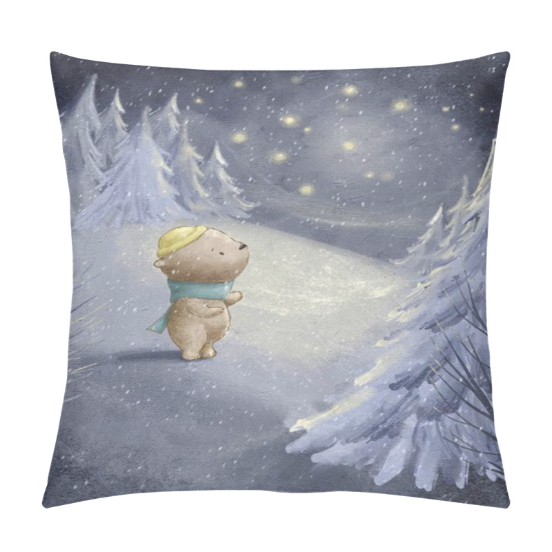 Personality  Cartoon Drawing Of A Bear On Winter Holidays, Winter Forest And Forest Dwellers, Snowy Forest Pillow Covers