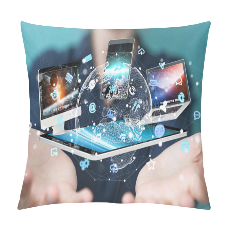 Personality  Tech Devices Connected To Each Other By Businesswoman 3D Renderi Pillow Covers