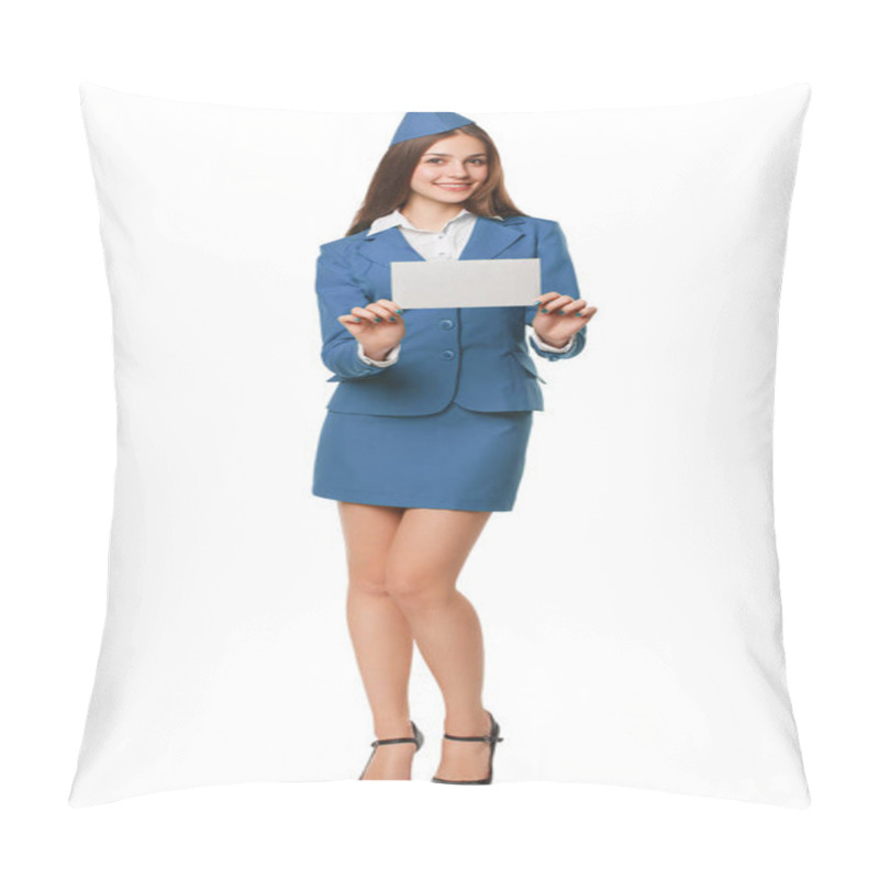 Personality  Smiling Stewardess Woman Holding Envelope. Post Letter, Delivery Service Or Airmail Pillow Covers