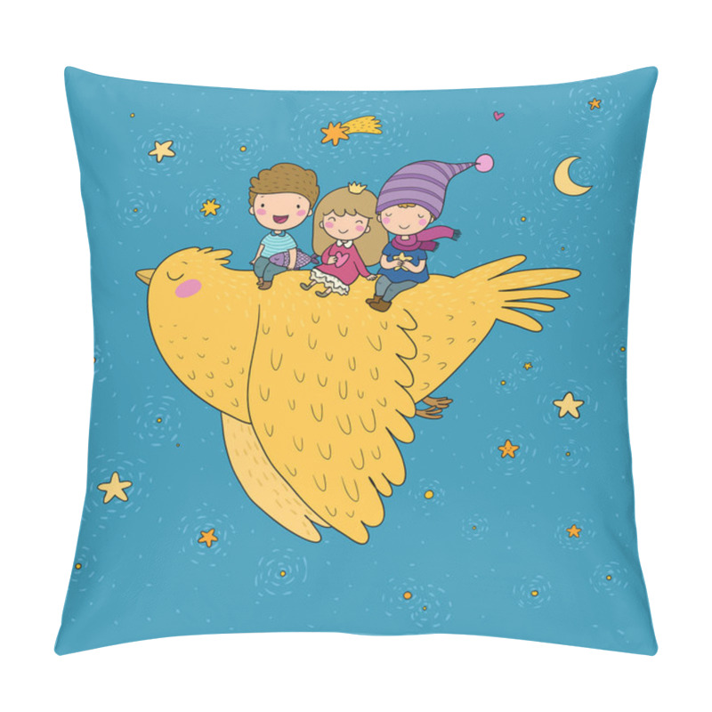 Personality  Cute Cartoon Kids Are Flying On A Bird. Funny Gnomes And Princess. Little Elves. Small Children Pillow Covers