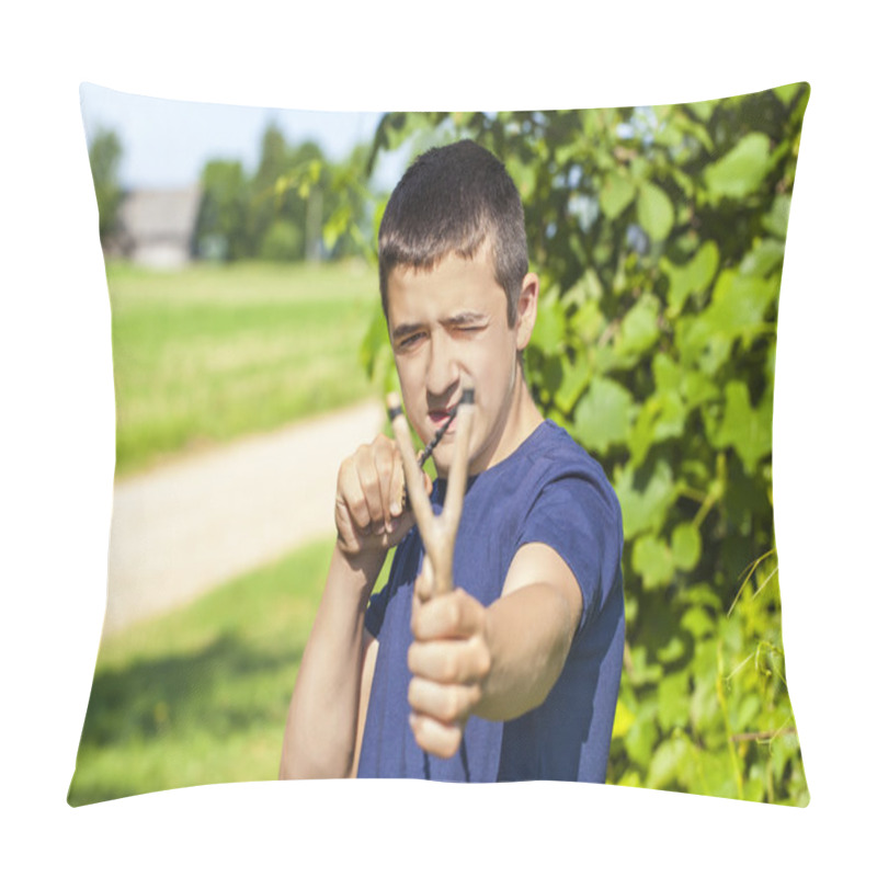 Personality  Boy With A Slingshot At Outdoors In Summer Pillow Covers