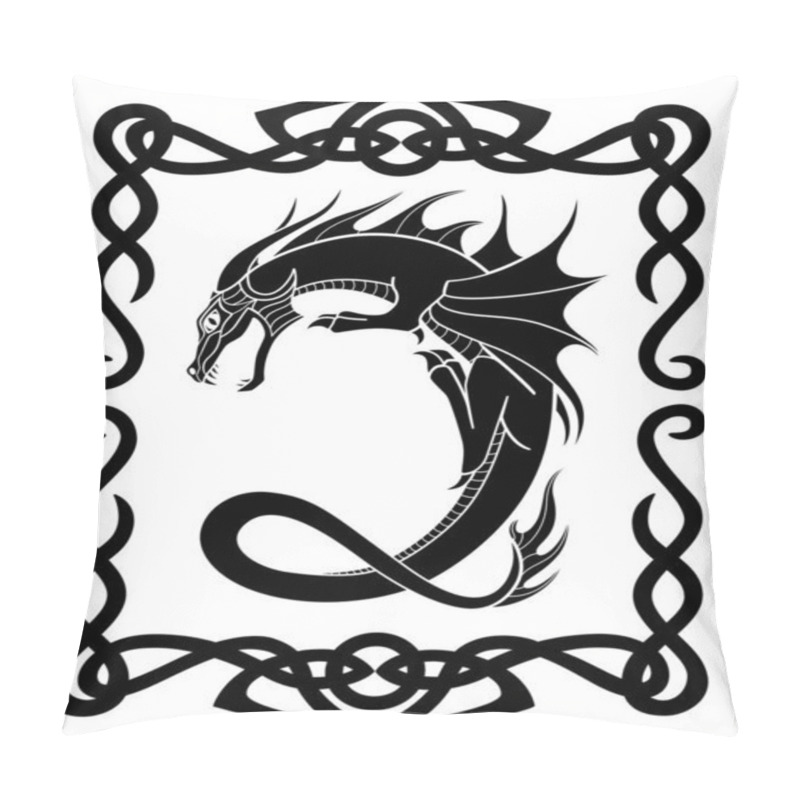 Personality  Fire-breathing Dragon In A Celtic Frame - A Vector Silhouette Picture With A Mythological Creature. Dragon Curved In The Shape Of The Letter C In A Frame In The Celtic Style. Pillow Covers