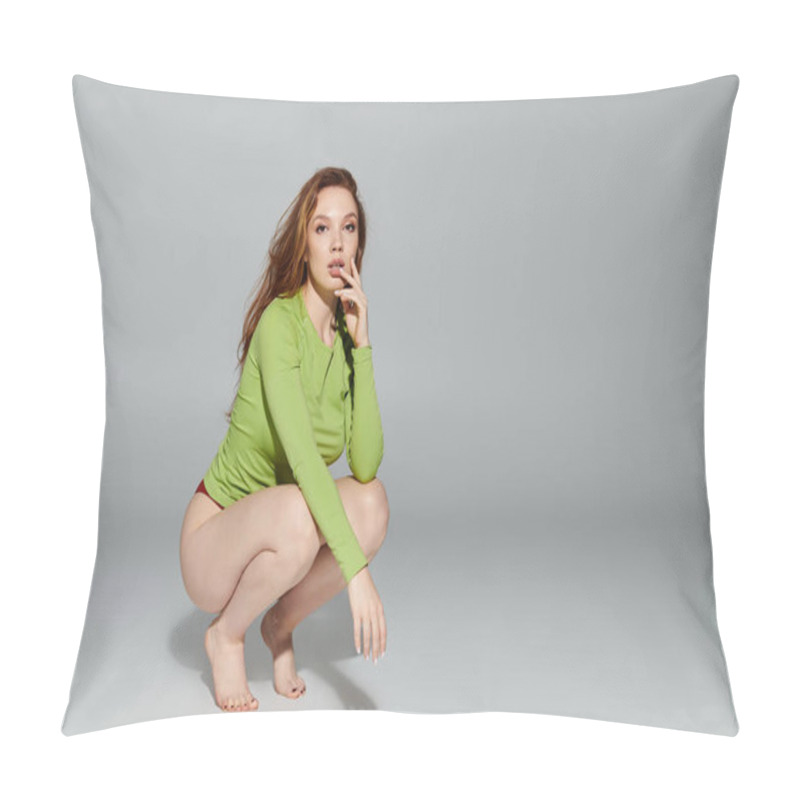 Personality  A Fashionable Individual Crouches Elegantly, Showcasing Her Striking Red Hair. Pillow Covers