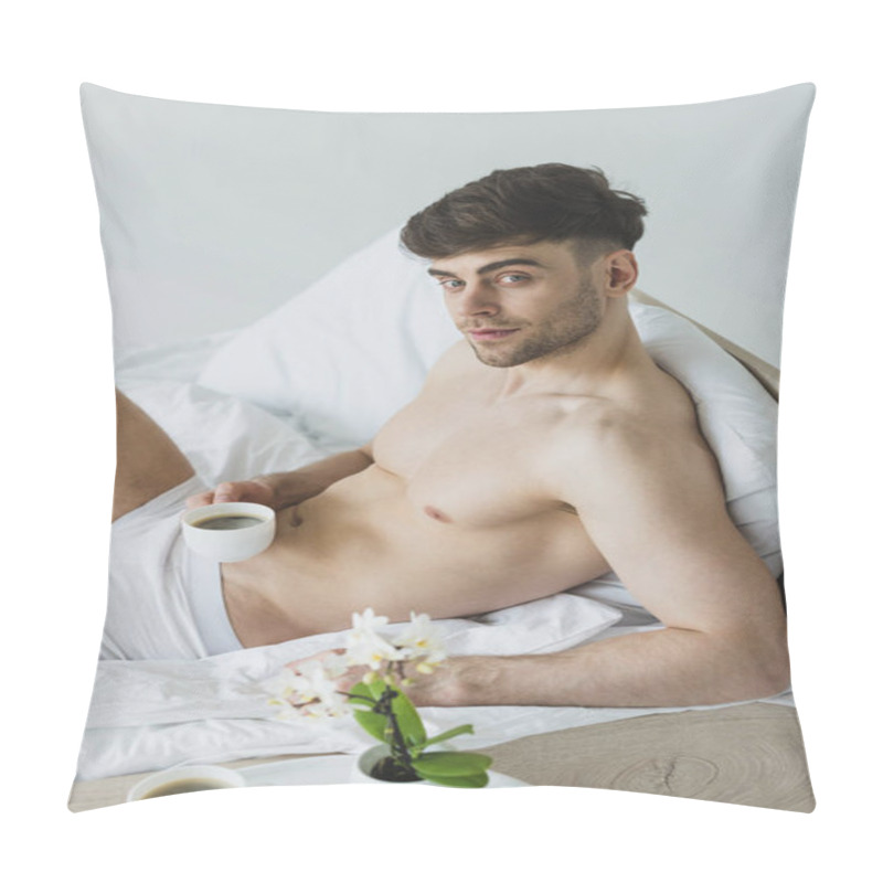 Personality  Handsome Man Holding Man Holding Coffee Cup And Looking At Camera While Lying On White Bedding In Underwear Pillow Covers