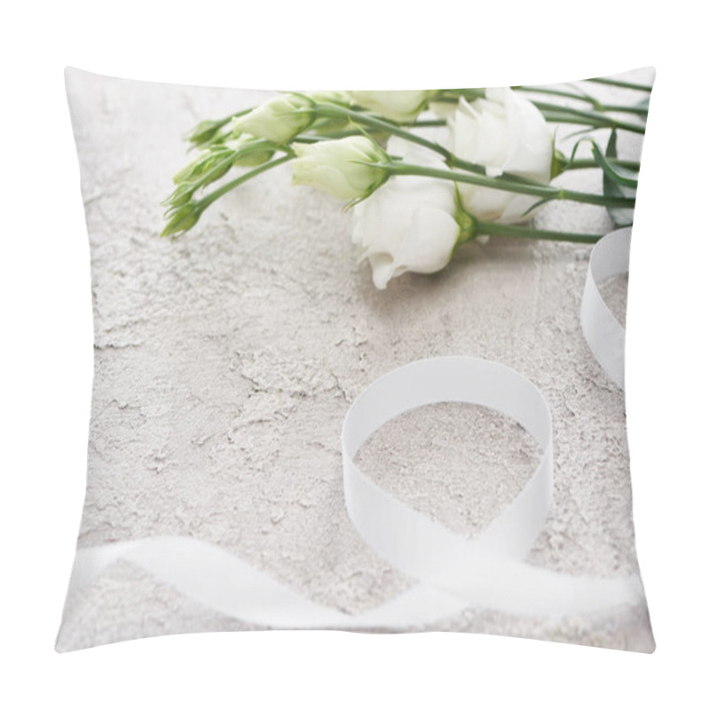 Personality   White Eustoma Flowers Near Ribbon On Textured Surface, Wedding Concept   Pillow Covers