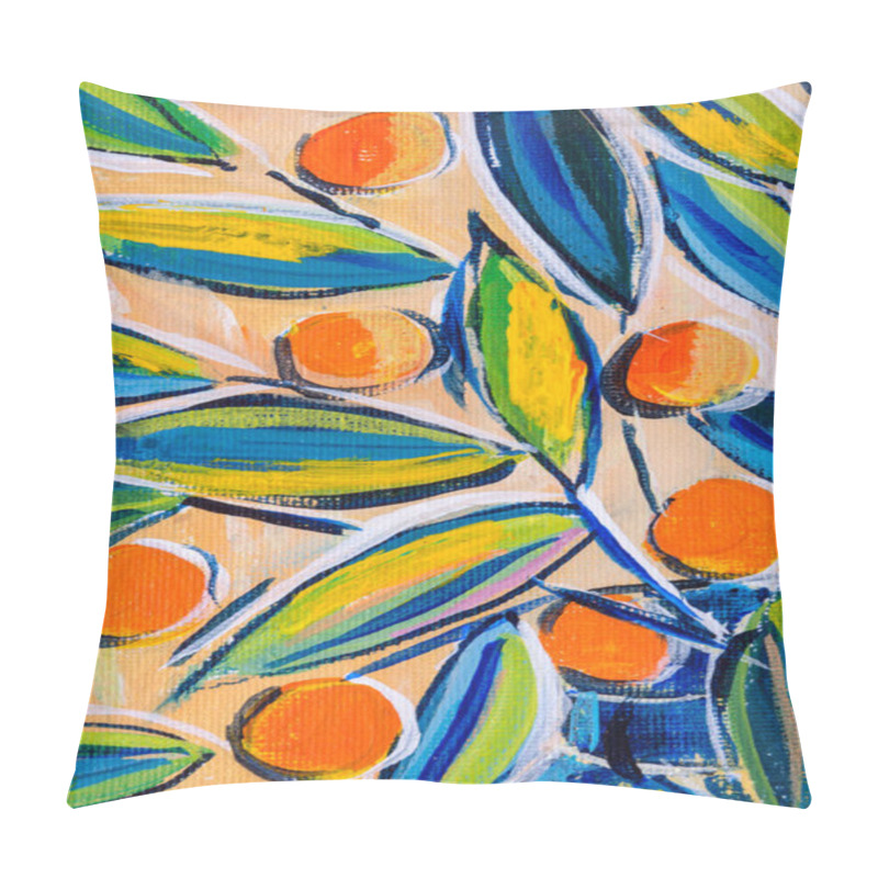 Personality  Details Of Acrylic Paintings Showing Colour, Textures And Techniques. Expressionistic Leaves And Orange Berries. Pillow Covers