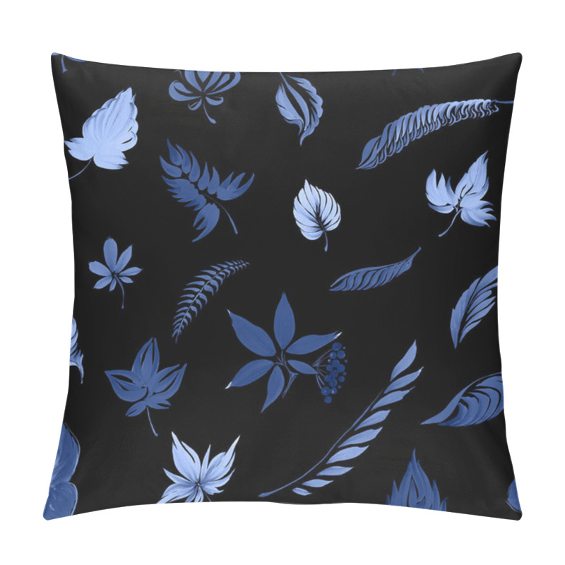 Personality  Blue Frosted Leaves On A Black Background, Seamless Pattern. Hand Drawn Gouache Painting Pillow Covers