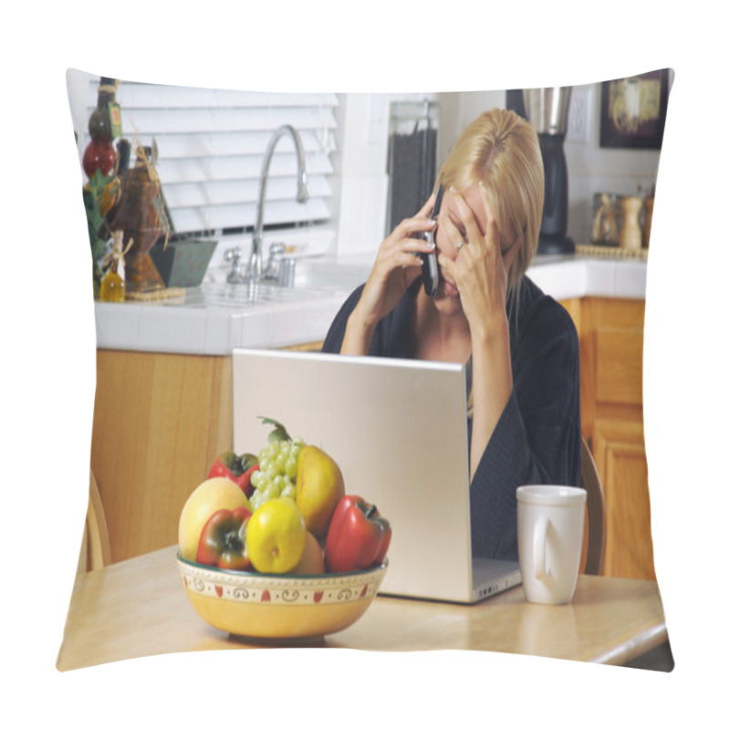 Personality  Stressed Woman Using Phone And Laptop Pillow Covers