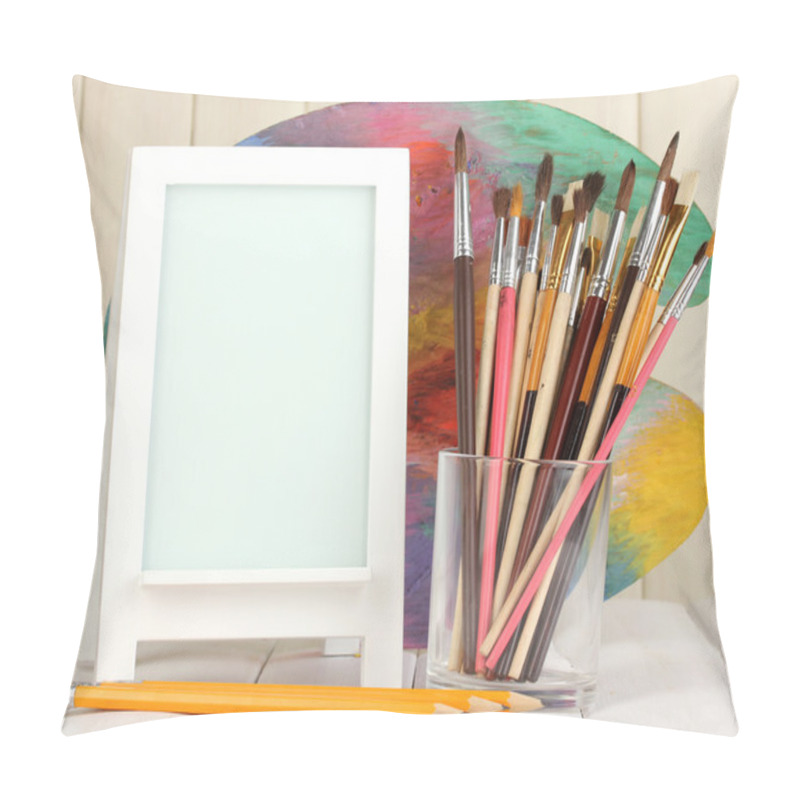 Personality  Photo Frame As Easel With Artist's Tools On Wooden Background Pillow Covers