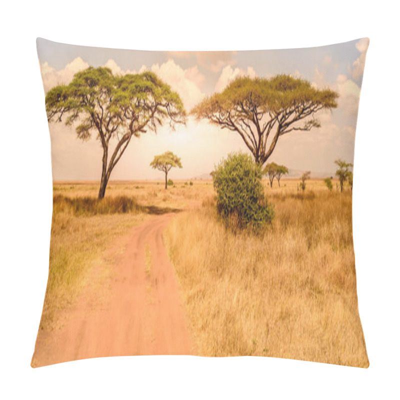 Personality  Game Drive On Dirt Road With Safari Car In Serengeti National Park In Beautiful Landscape Scenery, Tanzania, Africa Pillow Covers