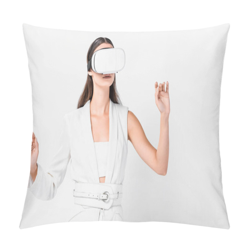 Personality  Close Up Of Adult Woman Gesturing In Virtual Reality Headset Isolated On White Pillow Covers