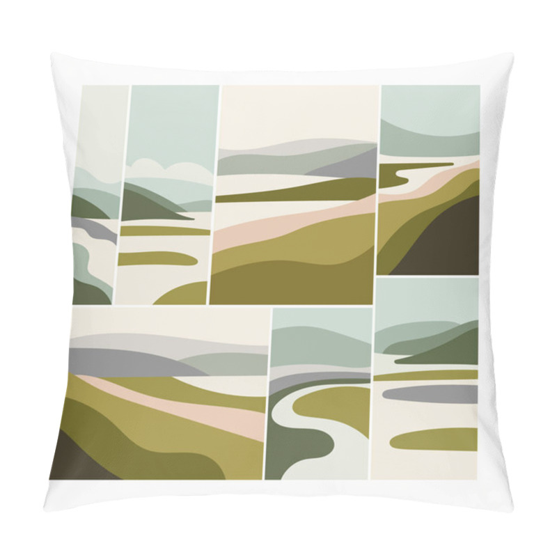 Personality  A Series Of Minimalist Landscapes Made In Smooth Lines With A Green, Beige And Pastel Palette. The Scenes Depict Natural Landscapes Of Fields, Hills And River Bends. Pillow Covers