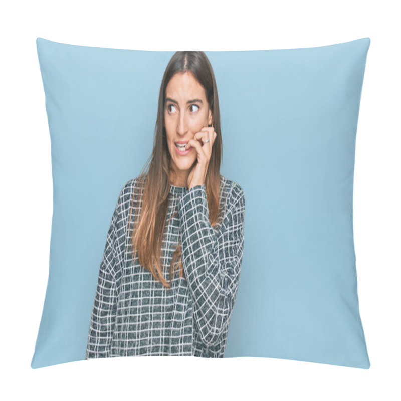 Personality  Young Beautiful Woman Wearing Casual Clothes Looking Stressed And Nervous With Hands On Mouth Biting Nails. Anxiety Problem.  Pillow Covers