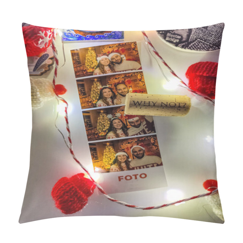 Personality  A Photo Booth Strip With Four Cheerful Pictures Of A Young Couple In A Festive, Holiday Style. The Strip Is Attached To A Refrigerator With A Magnet, Creating A Cozy, Holiday-themed Display. Pillow Covers