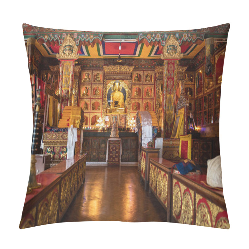 Personality  Gompa Of One Of The Buddhist Monasteries, Tibetan Buddhism. A Gilded Buddha Is Visible On The Altar, In The Foreground Ritual Musical Instruments - Gyaling And Dunkar. Pillow Covers