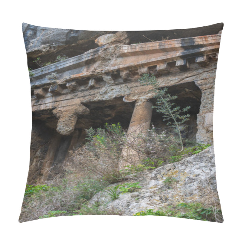 Personality  The Ancient Tomb Features Intricate Carvings And A Temple-like Faade, Reflecting The Grandeur Of Lycian Funerary Traditions Pillow Covers