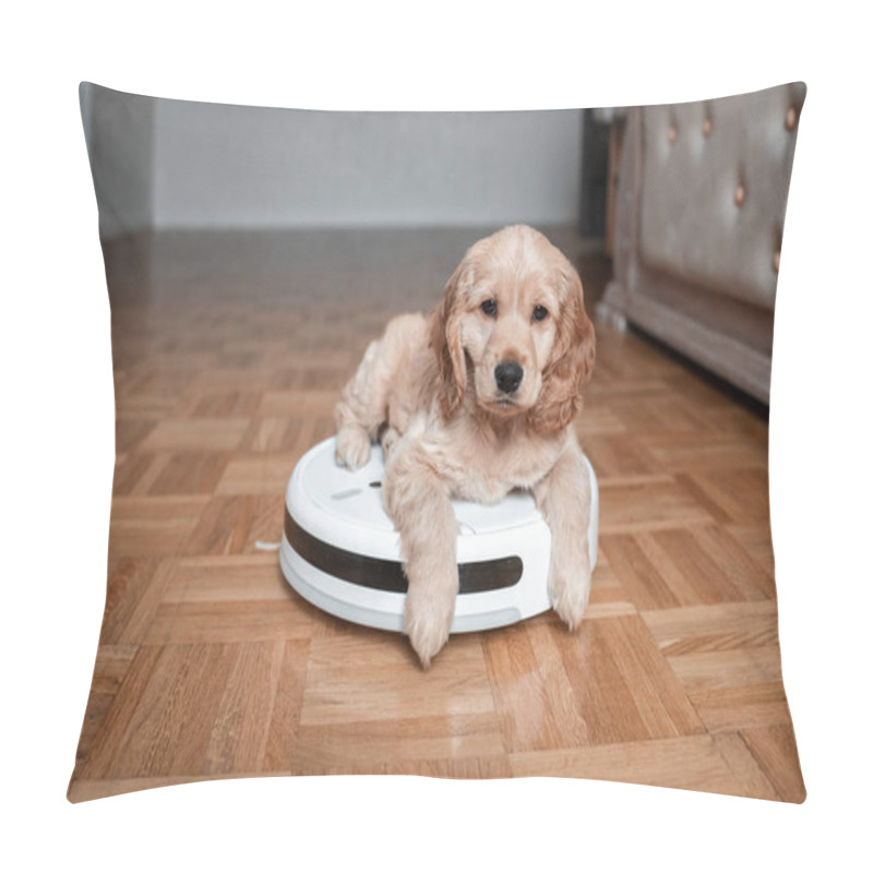 Personality  Pet Friendly Smart Vacuum Cleaner. Cute Golden Cocker Spaniel Puppy Dog With While Robot Vacuum Cleaner Works Close To Him. Smart Technology Concept. Pillow Covers