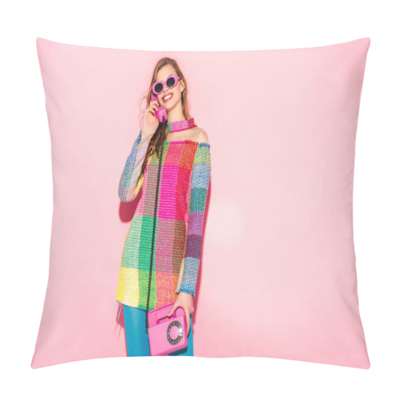 Personality  Cheerful Young Woman In Sunglasses And Checkered Dress Talking On Retro Phone On Pink Pillow Covers