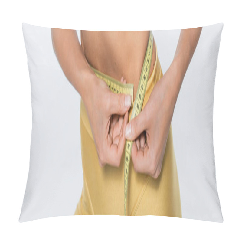 Personality  Weight Loss, Cropped View Of Woman Measuring Waist With Tape On White Background, Body Size, Banner Pillow Covers