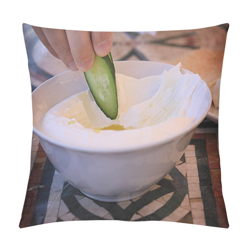 Personality  A Man Dipping A Cucumber Slice In A Labneh Plate. Pillow Covers