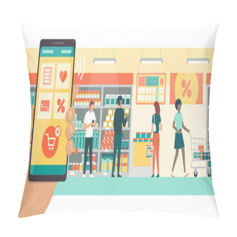 Personality  People Doing Grocery Shopping At The Supermarket A Man Is Purchasing Products And Checking Offers With His Smartphone App Pillow Covers